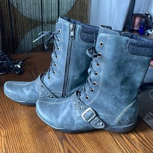 Taos Cadette Combat Boot Lace Up Zip Black Grey Leather Distressed Size 7